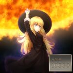  1girl blonde_hair blue_eyes dress duel_monster fire fire_sorcerer hat highres komitsu long_hair pointing pointing_up solo very_long_hair yuu-gi-ou 