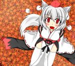  1girl animal_ears autumn_leaves bare_shoulders blush breasts cleavage detached_sleeves fang haneko_(1998) hat inubashiri_momiji kourindou_tengu_costume large_breasts leaf looking_at_viewer open_mouth pom_pom_(clothes) red_eyes short_hair silver_hair sitting skirt solo tail tokin_hat touhou white_legwear wolf_ears wolf_tail 