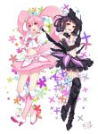  2girls black_gloves black_hair black_princess black_skirt blush boots briska earrings fishnet_legwear fishnets full_body gloves high_heels jewelry long_hair midriff multiple_girls navel open_mouth pink_eyes pink_hair pink_princess pink_skirt puffy_sleeves red_eyes shirt short_sleeves six_heart_princess skirt small_breasts smile tiara twintails white_background white_shirt 