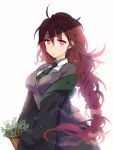  1girl ahoge bittersweet_(dalcoms) braid breasts earrings highres jewelry large_breasts long_hair looking_at_viewer messy_hair necktie original plant potted_plant red_eyes redhead school_uniform simple_background single_braid solo very_long_hair white_background 