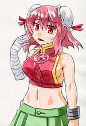  1girl adapted_costume bandages bare_shoulders blush breasts bun_cover chinese_clothes cuffs double_bun fanning_self flower ibaraki_kasen kawachi_koorogi marker_(medium) midriff navel open_mouth pink_eyes pink_hair rose short_hair skirt solo touhou traditional_media 