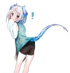  ! 1boy bike_shorts blush dragon_boy dragon_tail erubo from_behind horns looking_at_viewer looking_back monster_boy original pointy_ears red_eyes short_hair simple_background solo tail trap white_hair yuran_(erubo) 