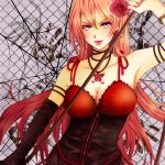  1girl alternate_costume arm_up armpits blue_eyes breasts bustier cleavage collarbone earrings elbow_gloves fence flower gloves hair_flower hair_ornament hand_print jewelry large_breasts lips long_hair megurine_luka necklace pendant pink_hair single_glove solo spaghetti_strap spider_web tono_hito vocaloid whip zipper 