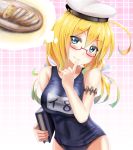  1girl blonde_hair blue_eyes book bread breasts food glasses hand_to_own_mouth hat i-8_(kantai_collection) kantai_collection long_hair low_twintails name_tag one-piece_swimsuit peaked_cap red-framed_glasses school_swimsuit smile solo swimsuit thinking tooi_aoiro twintails 