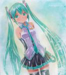  1girl arms_behind_back artist_name detached_sleeves green_eyes green_hair hatsune_miku headset long_hair marker_(medium) mayo_riyo necktie skirt solo thigh-highs traditional_media twintails very_long_hair vocaloid 