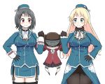  &gt;:) 3girls atago_(kantai_collection) black_hair blonde_hair chibi kantai_collection kuronekosan multiple_girls pantyhose personification red_eyes ryuujou_(kantai_collection) takao_(kantai_collection) thigh-highs twintails 