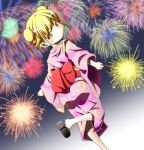  1girl bakemonogatari bat_print blonde_hair blush_stickers clog_sandals crescent_moon double_bun fang fireworks from_behind highres japanese_clothes kimono leg_up looking_back monogatari_(series) moon obi osaji0909 oshino_shinobu pointy_ears sash short_hair smile solo sparkler star star_print yellow_eyes 