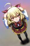  1girl ahoge akuma_no_riddle animal_ears black_legwear blonde_hair blush_stickers bow c-wing fake_animal_ears from_above hashiri_nio looking_at_viewer red_eyes skirt solo 