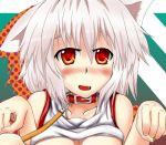  1girl animal_ears bare_shoulders blush breasts collar collarbone fang inubashiri_momiji kunoo_(unnyuu) looking_at_viewer lowres open_mouth paw_pose red_eyes short_hair silver_hair solo touhou wolf_ears 