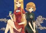  2girls aeolus alternate_costume bare_legs blonde_hair china_dress chinese_clothes cleavage_cutout clouds colored_eyelashes crossed_legs green_clothes green_eyes hands_on_knees horn hoshiguma_yuugi light_smile long_hair mizuhashi_parsee multiple_girls pantyhose pointy_ears red_clothes red_eyes short_hair short_sleeves sitting size_difference star thighs tight_dress touhou turtleneck 