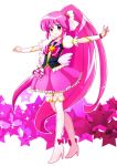  1girl aino_megumi blush boots cure_lovely earrings happinesscharge_precure! heart heart_earrings highres jewelry kiiro long_hair looking_at_viewer magical_girl outstretched_arms pink_eyes pink_hair pink_skirt ponytail precure skirt smile solo star thigh-highs thigh_boots very_long_hair 