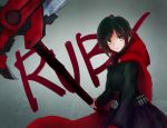  1girl bandolier black_hair cape character_name corset cross dress english gradient_hair grey_eyes hooded_cloak looking_at_viewer multicolored_hair red_cape redhead ruby_rose rwby scythe short_hair solo symbol two-tone_hair weapon weasel_(close-to-the-edge) 