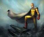  1boy absurdres bald cape crow_aberdeen gloves highres jumpsuit onepunch_man saitama_(onepunch_man) solo superhero 