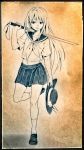  1girl contemporary hat highres hinanawi_tenshi long_hair miniskirt monochrome nora_wanko school_uniform skirt solo sword_of_hisou touhou 
