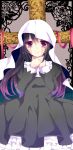  1girl akemi_homura black_hair blanket cross flower funeral_dress long_hair looking_at_viewer mahou_shoujo_madoka_magica mahou_shoujo_madoka_magica_movie ribbon rose solo spoilers star_(sky) strangling violet_eyes 