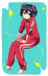  1girl barefoot black_hair blush bow dobasisi hair_bow highres long_hair looking_at_viewer love_live!_school_idol_project red_eyes sitting smile solo track_pants track_suit twintails yazawa_nico 