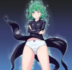  1girl aura black_dress blue_eyes blush crossed_arms dress green_hair okiyumi_kase onepunch_man panties short_hair small_breasts solo tatsumaki underwear upskirt white_panties wind_lift 