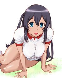  1girl :d alternate_costume black_hair blue_eyes blush breasts buruma captain_earth dark_skin gym_uniform large_breasts long_hair mutou_hana open_mouth sitting smile solo two_side_up ueyama_michirou yokozuwari 