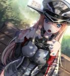  1girl akasaai bismarck_(kantai_collection) blonde_hair blue_eyes blush breasts detached_sleeves hat kantai_collection long_hair looking_at_viewer military military_hat military_uniform mimikaki open_mouth personification solo sweatdrop uniform 