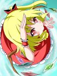  1girl :&gt; aura blonde_hair bow crystal dress flandre_scarlet from_above hair_bow hair_ribbon hand_on_forehead highres looking_up naodx outstretched_hand red_dress red_eyes ribbon short_hair side_ponytail slit_pupils solo touhou wings wrist_cuffs 