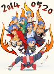  alternate_hairstyle bandages blue_hair boota cape crossed_arms grin hair_over_one_eye highres kamina kamina_shades lagann mecha multiple_persona outstretched_arms paint_bucket paintbrush painting pointing red_eyes shirtless simon smile sunglasses supinosu tattoo tengen_toppa_gurren_lagann tengen_toppa_gurren_lagann:_parallel_works younger 