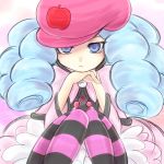  1girl artist_request blue_eyes blue_hair dress eyelashes happinesscharge_precure! hat hosshiwa long_hair looking_at_viewer pantyhose pink_dress precure ringlets sitting sketch solo source_request striped striped_legwear tagme 