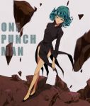  1girl black_dress crossed_legs dress floating_rocks green_eyes green_hair ground_shatter high_collar kouga_228 onepunch_man short_hair side_slit solo standing tatsumaki 