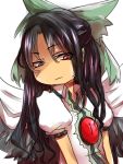  1girl black_hair bow hair_bow long_hair meshikuwasero narrowed_eyes no_nose puffy_short_sleeves puffy_sleeves red_eyes reiuji_utsuho shaded_face short_sleeves side_glance simple_background slit_pupils solo touhou wings 