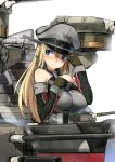  1girl akasaai bismarck_(kantai_collection) blonde_hair blue_eyes blush breasts detached_sleeves hat hat_tip kantai_collection long_hair looking_at_viewer military military_hat military_uniform personification smile solo uniform 