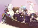  2girls adapted_costume akemi_homura anger_vein bare_shoulders bed black_hair blue_hair blue_rose cape choker clara_dolls_(madoka_magica) crown dress flower gloves hair_ribbon juliet_sleeves long_hair long_sleeves mahou_shoujo_madoka_magica mahou_shoujo_madoka_magica_movie miki_sayaka mini_crown multiple_girls pillow puffy_sleeves purple_rose ribbon rose short_hair spoilers thigh-highs translation_request tyokopan zettai_ryouiki 