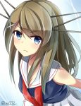  1girl :t aa_(sin2324) alternate_hair_length alternate_hairstyle blue_eyes brown_hair hair_ornament headgear kantai_collection long_hair maya_(kantai_collection) school_uniform serafuku signature solo 