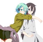  1boy 1girl akage aqua_eyes aqua_hair black_eyes black_hair hug hug_from_behind kirito kirito_(sao-ggo) long_hair shinon_(sao) short_hair sword_art_online trap 