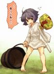  1girl ahoge barefoot blush bowl bucket cosplay japanese_clothes kisume kisume_(cosplay) looking_at_viewer mallet needle open_mouth purple_hair rough short_hair solo sukuna_shinmyoumaru touhou translation_request urin 