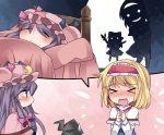  &gt;_&lt; 4girls alice_margatroid bed blonde_hair blush bow closed_eyes commentary_request crescent hair_bow hairband hammer_(sunset_beach) hat imagining kirisame_marisa long_hair lying multiple_girls on_back open_mouth patchouli_knowledge purple_hair scissors shadow shanghai_doll short_hair sleeping smile touhou violet_eyes witch_hat 