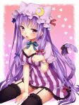  1girl animal_ears black_legwear blush bow breasts cat_ears cat_tail cleavage fang garter_straps hat highres kemonomimi_mode long_hair looking_at_viewer nanamiya patchouli_knowledge paw_pose purple_hair sitting solo tail thigh-highs touhou very_long_hair violet_eyes 