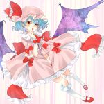  1girl bat_wings blue_hair hat highres looking_at_viewer meiji_(charisma_serve) open_mouth red_eyes remilia_scarlet short_hair solo touhou wings 