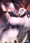  1girl arm_up breasts claws detached_sleeves glowing glowing_eyes horn kantai_collection large_breasts long_hair meto31 pale_skin red_eyes ribbed_dress seaport_hime shinkaisei-kan sideboob white_hair 