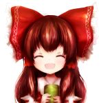  1girl amanojaku bow brown_hair closed_eyes cup detached_sleeves facing_viewer hair_bow hakurei_reimu happy highres large_bow open_mouth portrait revision ribbon-trimmed_sleeves ribbon_trim simple_background smile solo tea touhou white_background 