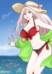  beach bikini hat kuroko_no_basuke long_hair pink_hair red_eyes sky summer 