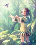  1girl bird boots brown_eyes brown_hair chickenb gensou_suikoden gensou_suikoden_iii hairband knee_boots nature short_hair skirt smile solo tree tribal yun_(suikoden) 