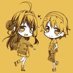 2girls ahoge casual chibi hairband hand_in_pocket hiei_(kantai_collection) kantai_collection kongou_(kantai_collection) kouji_(campus_life) long_hair looking_at_viewer lowres monochrome multiple_girls open_mouth short_hair smile spot_color 