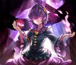  1girl curtains eredhen eyeball fire hairband heart komeiji_satori long_sleeves looking_at_viewer outstretched_arm outstretched_hand pink_eyes pink_fire purple_hair shirt skirt solo third_eye touhou wide_sleeves 