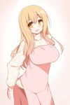  1girl apron blonde_hair breasts character_request highres hoppege large_breasts long_hair looking_at_viewer ribbed_sweater simple_background smile solo sweater turtleneck turtleneck_sweater yellow_eyes 