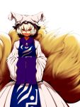  1girl blonde_hair dress fox_tail hands_in_sleeves hat hat_with_ears highres long_sleeves looking_at_viewer mizuga multiple_tails red_eyes shaded_face simple_background smile solo tabard tail touhou white_background white_dress wide_sleeves yakumo_ran 