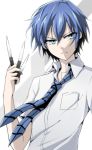  1girl akuma_no_riddle azuma_tokaku blue_eyes blue_hair highres holding_knife holding_weapon kago-tan knife necktie school_uniform short_hair solo weapon 