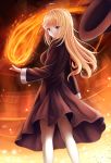 1girl blonde_hair blue_eyes breasts dress duel_monster fire fire_sorcerer from_behind hat hat_removed headwear_removed highres long_hair looking_at_viewer megimegyo solo yuu-gi-ou 