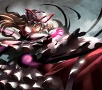  1girl blonde_hair bow dark darkness dress evil_grin evil_smile fighting_stance frilled_dress frills glowing grin hat hat_bow kozou_(soumuden) long_hair long_sleeves mob_cap puffy_sleeves simple_background smile solo tabard touhou white_dress wide_sleeves yakumo_yukari 