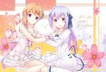  2girls :o blue_eyes brown_hair dress gochuumon_wa_usagi_desuka? hair_ornament hairclip hoto_kokoa kafuu_chino kneehighs long_hair long_sleeves looking_at_viewer multiple_girls open_mouth pajamas purple_hair smile socks tippy_(gochuumon_wa_usagi_desuka?) violet_eyes 