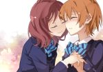  2girls blush bowtie closed_eyes highres hoshizora_rin interlocked_fingers long_sleeves love_live!_school_idol_project multiple_girls nishikino_maki orange_hair redhead short_hair smile ushiki_yoshitaka yuri 