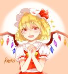  1girl ascot blonde_hair bow colored_eyelashes crystal fangs flandre_scarlet gradient gradient_background hair_bow hands_clasped interlocked_fingers looking_at_viewer mob_cap open_mouth red_clothes red_eyes rosette_(pixiv) short_hair side_ponytail signature slit_pupils solo solo_focus sparkle touhou wings 